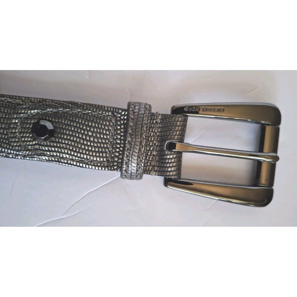 Michael Kors Leather Belt Large Silver Textured  Statement Belt Classic Designer - Picture 6 of 9